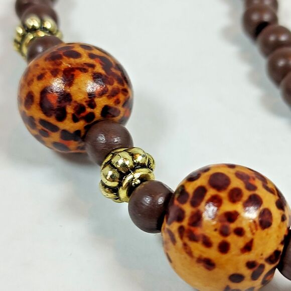 Boho Leopard Print Beaded Necklace Gold Tone Faux Wood Tribal Statement 19" - Picture 10 of 10